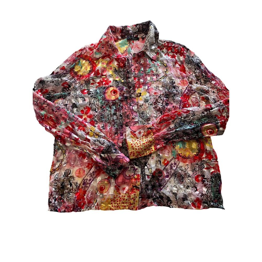 Le Caviar Womens M Sheer Floral Blouse Art To Wear Y2K Button Down Multicolor